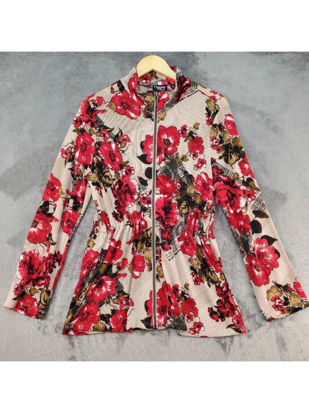 Womens Sweater Size XL Cardigan Zip Up Floral Print Boho Cottage Grandma Red Tan
